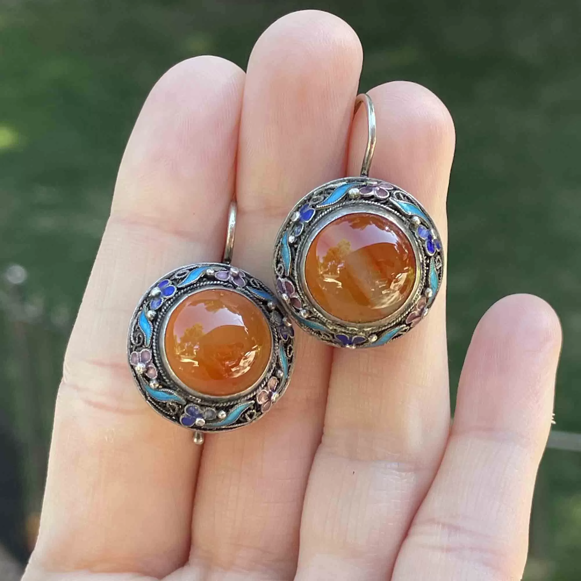 Vintage Carnelian Banded Agate Enamel Earrings