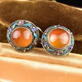 Vintage Carnelian Banded Agate Enamel Earrings