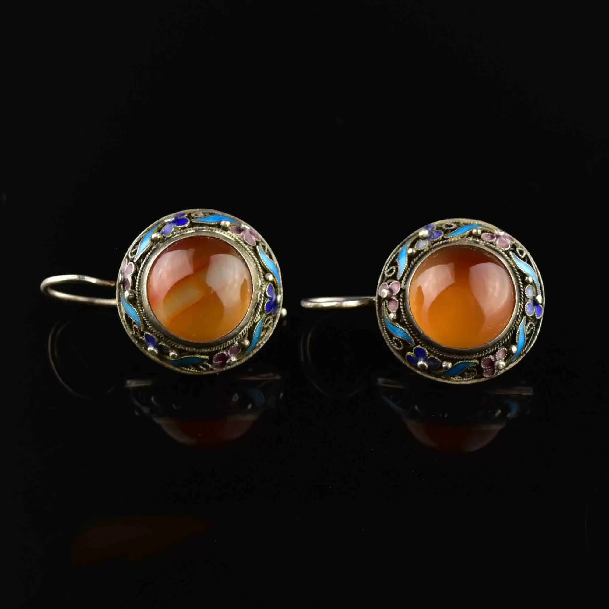 Vintage Carnelian Banded Agate Enamel Earrings