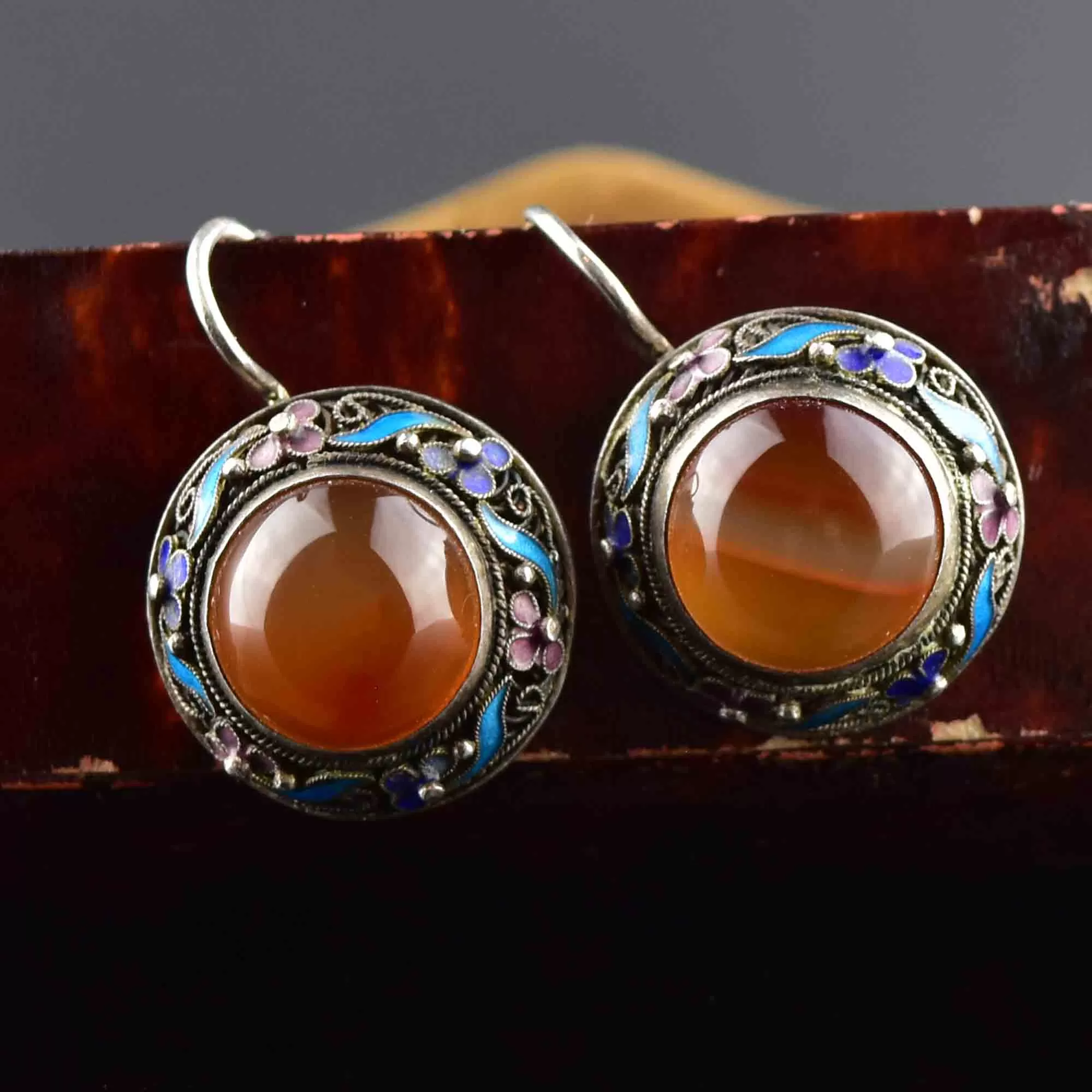 Vintage Carnelian Banded Agate Enamel Earrings