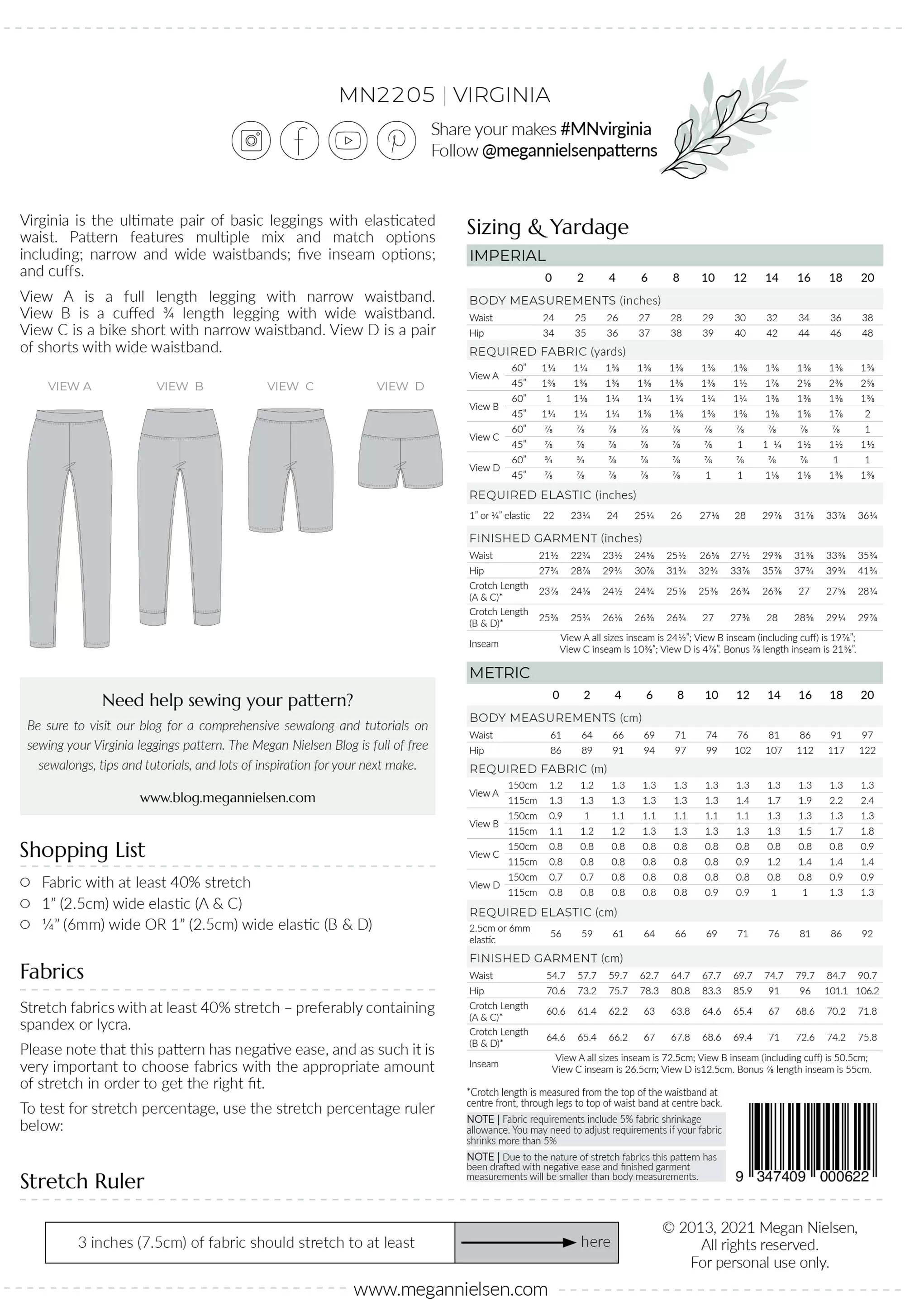 Virginia Leggings Sewing Pattern by Megan Nielsen Patterns, sizes 0-20