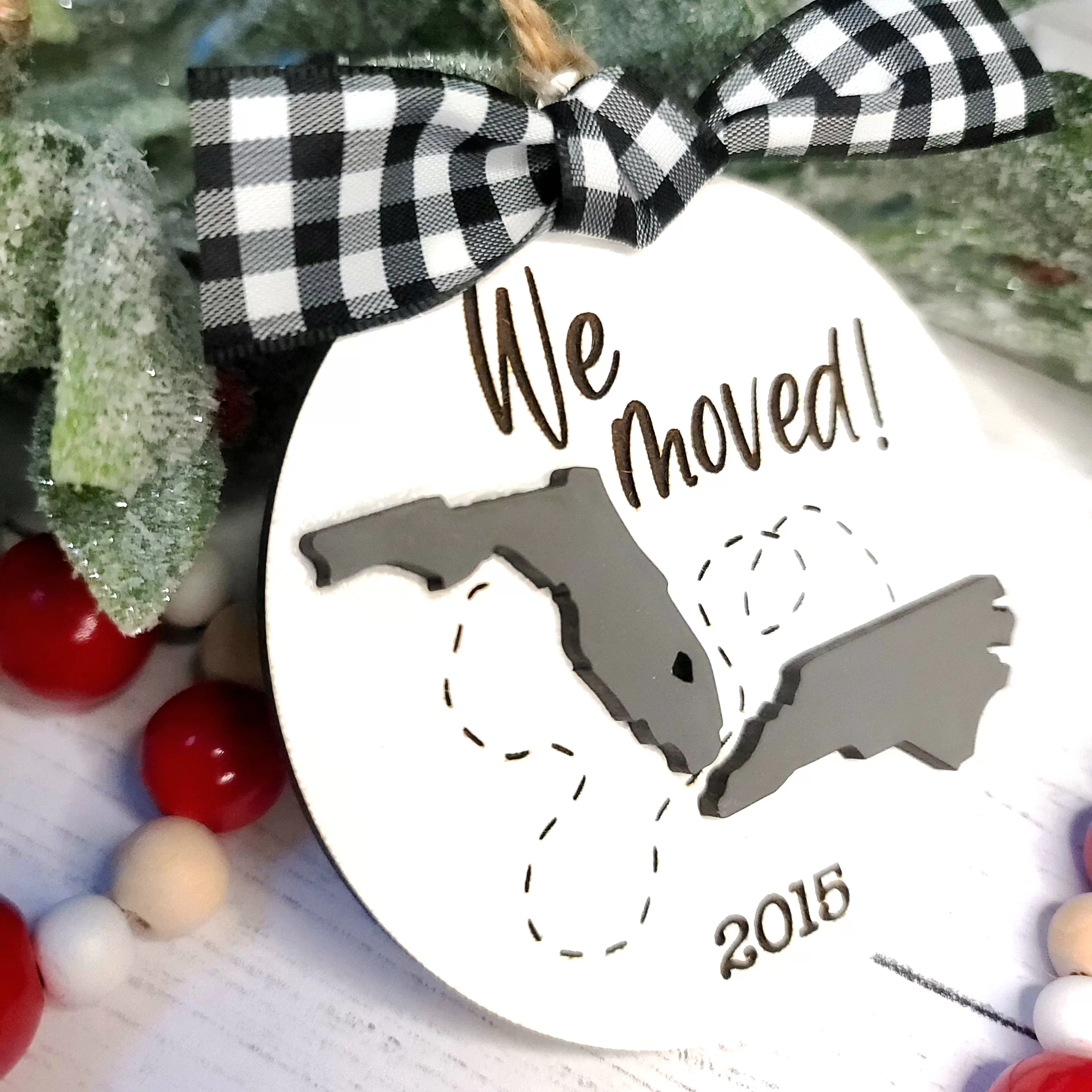 We Moved / New Adventures State Silhouette Christmas Ornament | Personalized Laser Cut Wood Ornament