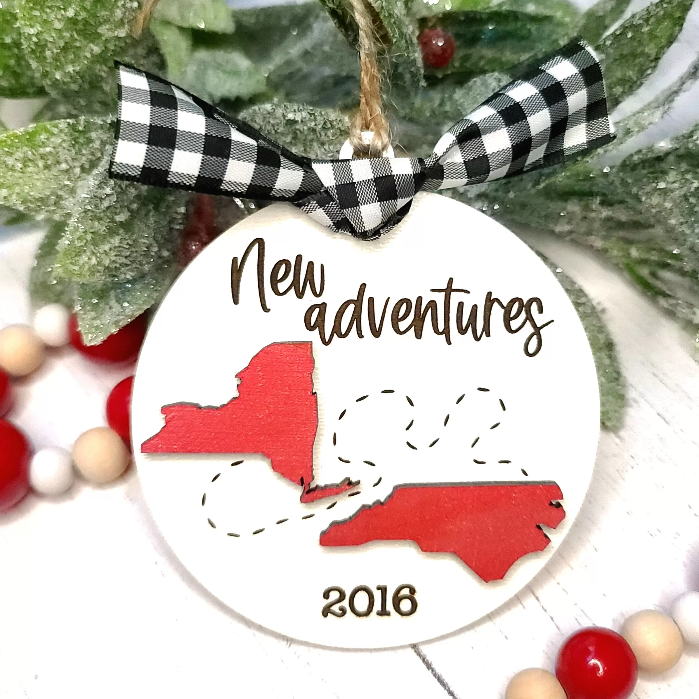 We Moved / New Adventures State Silhouette Christmas Ornament | Personalized Laser Cut Wood Ornament