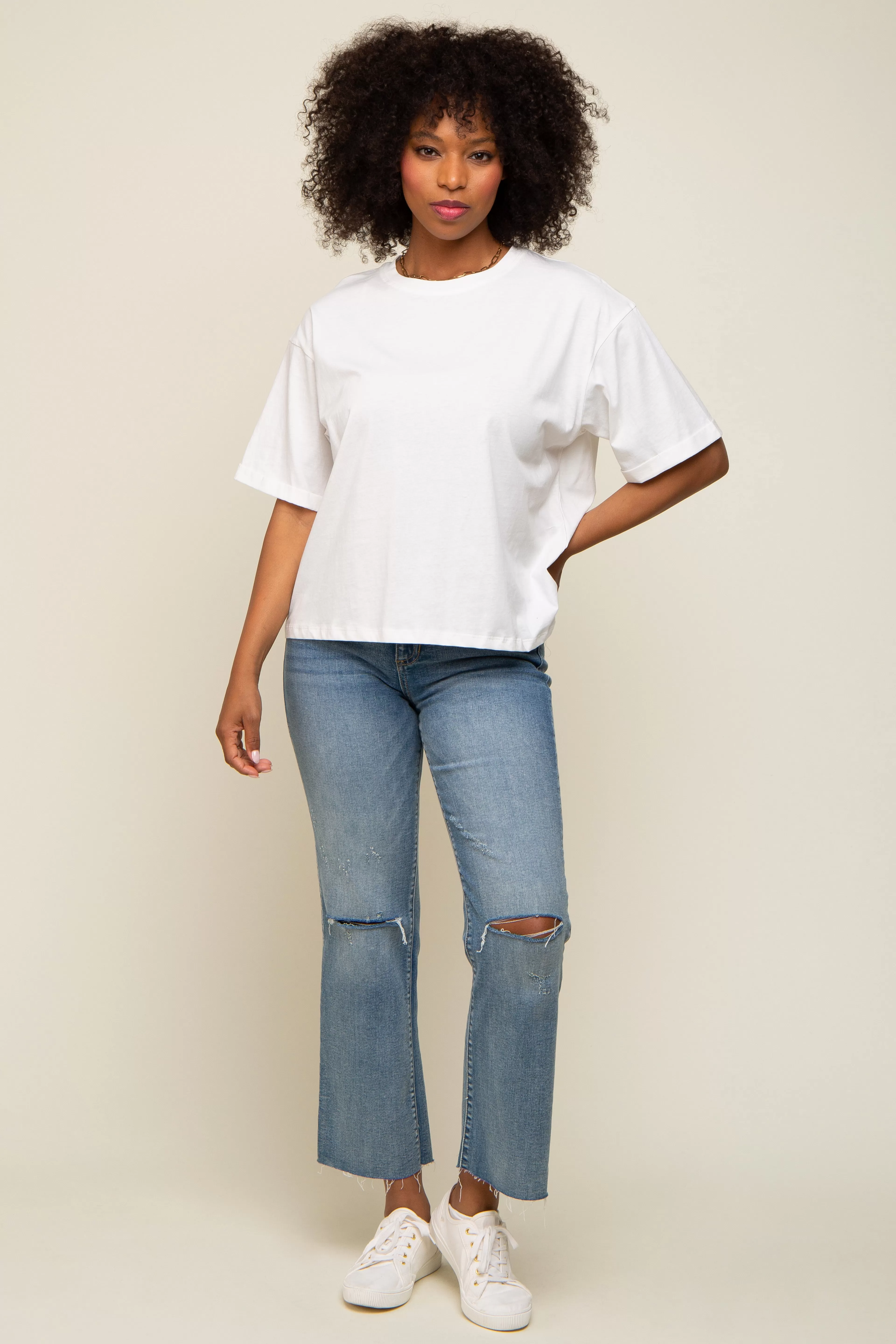 White Basic Rolled Short Sleeve Maternity T-Shirt