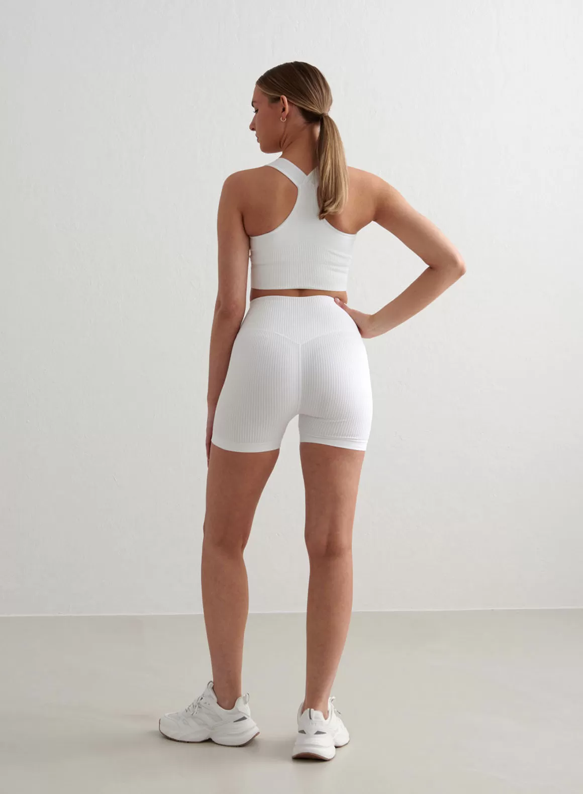 White Ribbed Midi Biker Shorts