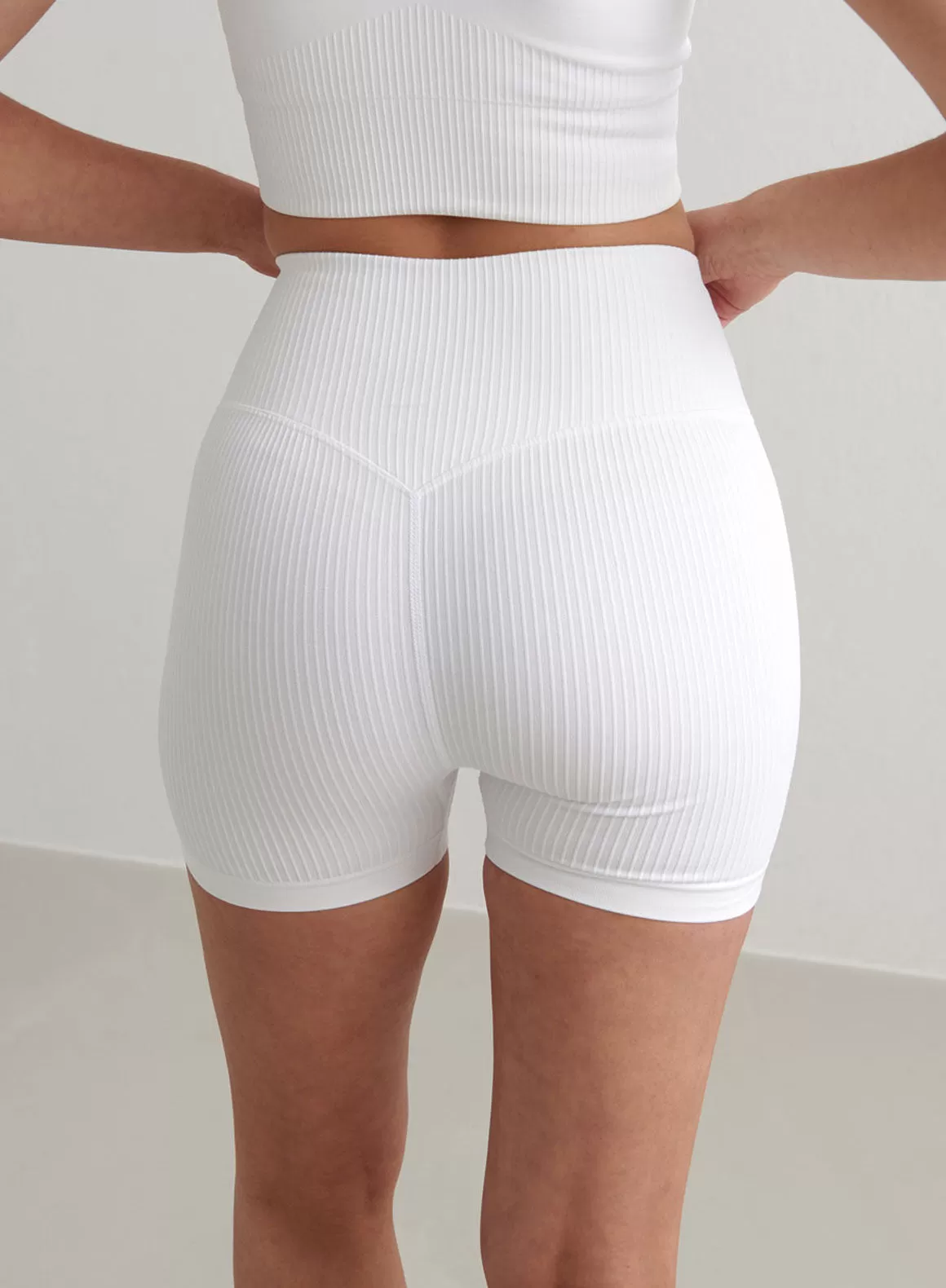 White Ribbed Midi Biker Shorts