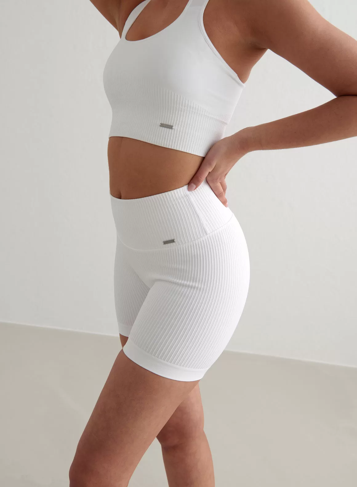 White Ribbed Midi Biker Shorts