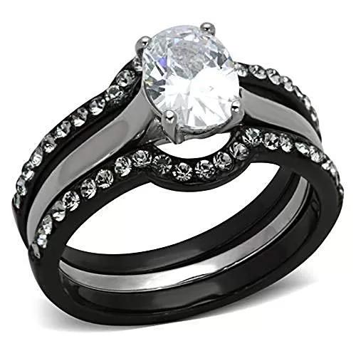 WildKlass Stainless Steel Ring Wedding Two-Tone IP Black Women AAA Grade CZ Clear