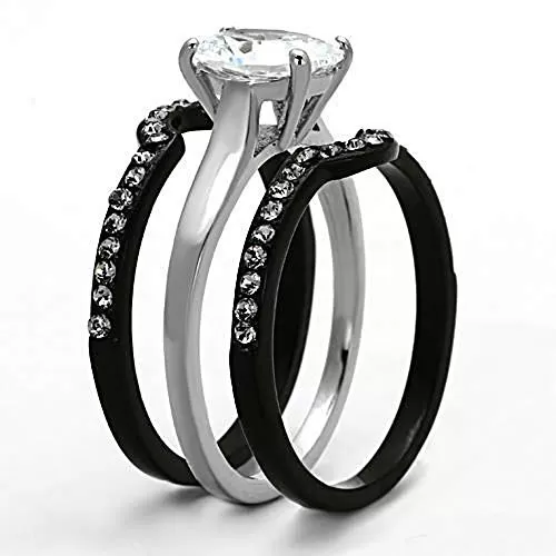 WildKlass Stainless Steel Ring Wedding Two-Tone IP Black Women AAA Grade CZ Clear