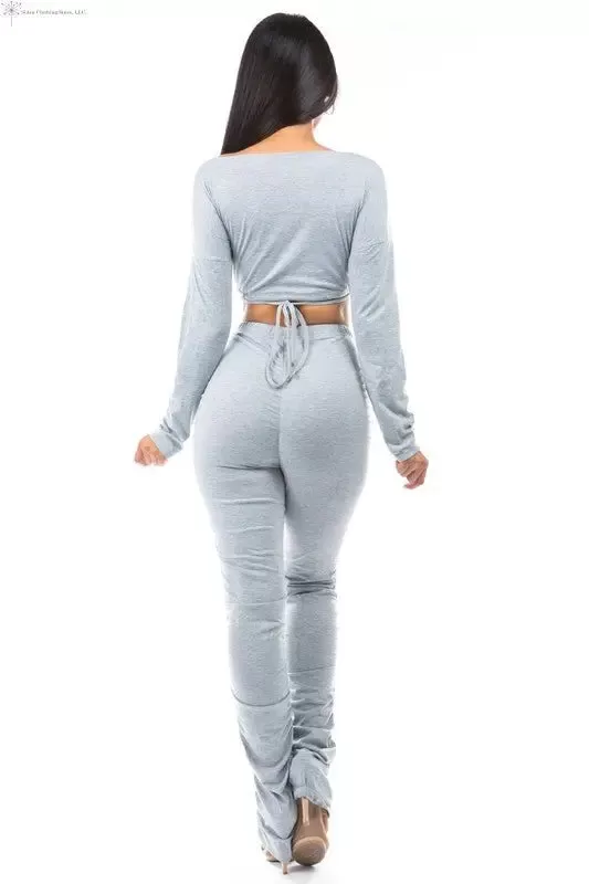 Women's Crop Top And Pants Set Grey