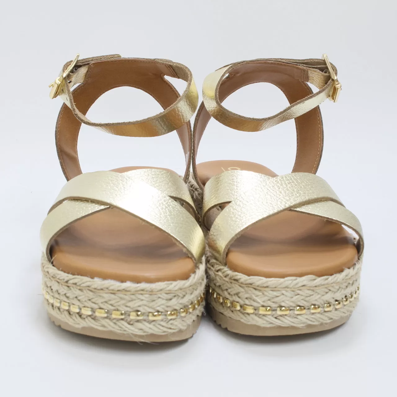 Womens Office Sassy Cross Strap Espadrille Flatform Gold Leather